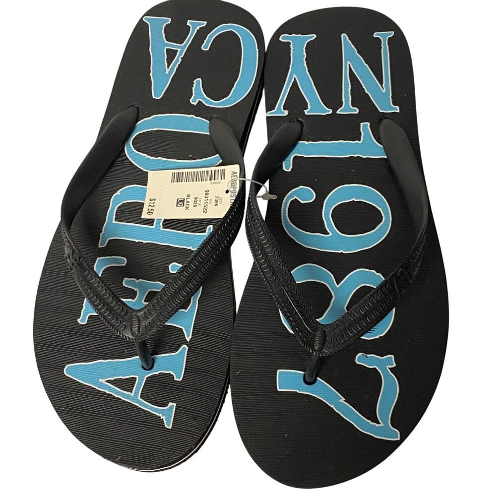 Aeropostale Mens Flip Flops Black & Blue "NYC 1987"‎ Design size L Nwt